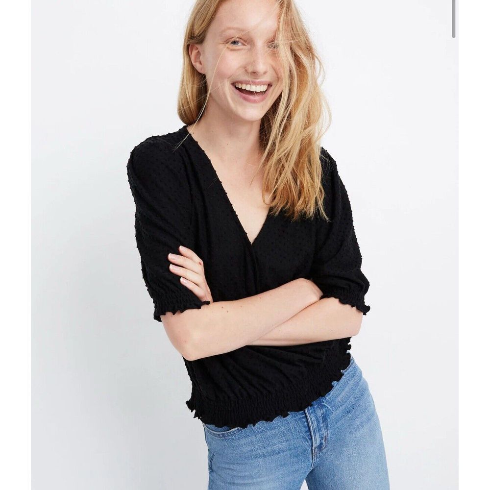 Madewell Texture & Thread Black Clipdot Smocked Crossover Top Size Medium $55